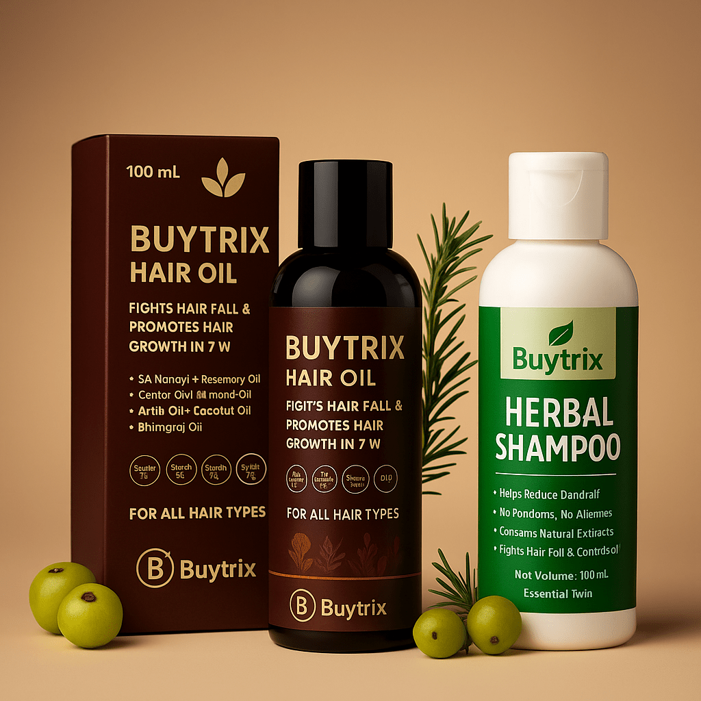 Buytrix Ayurvedic Hair Oil + Herbal Shampoo – 100% Natural Combo for Strong, Healthy & Shiny Hair | Stops Hair Fall, Boosts Growth & Nourishes Scalp | Sulphate & Chemical Free Formula - Zoodo